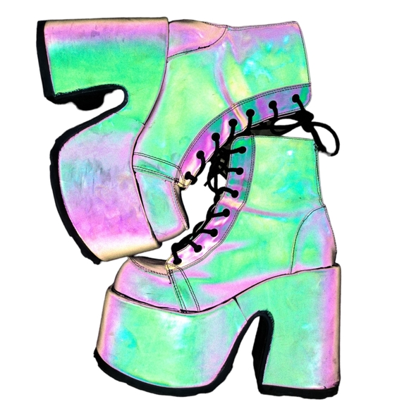 Demonia Shoes - Demonia Camel 203 Green Multi Reflective Platform Rave Boots Size 6